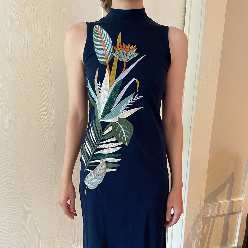 Tory Burch navy dress w/ floral embroidery sz S